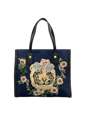 Gucci Tote Taiga Embroidery Navy Black Multi Flower Leather